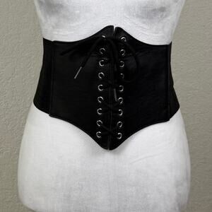 Black Faux Leather Elastic Wide High Waist Corset Belt Lace Up Front Goth Punk